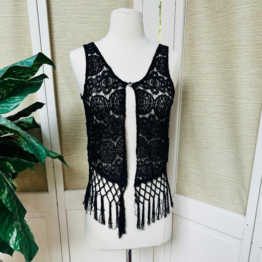 Monteau Black Crochet Fringe Vest Small Boho Festival Open Front